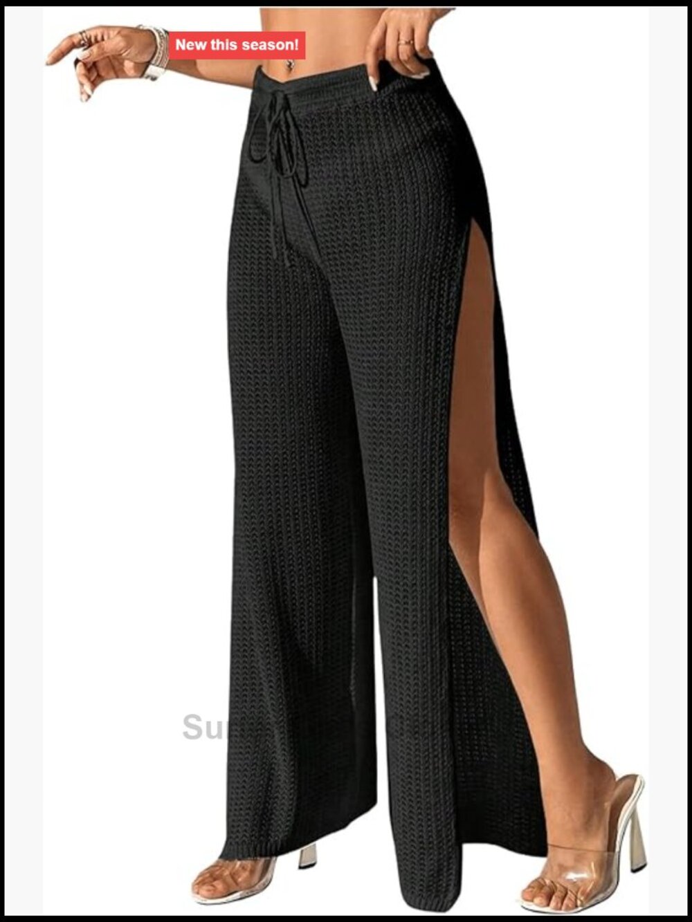 Sheer Crochet Cover Up Pants High Split Drawstring Waist Beach Long Pants for